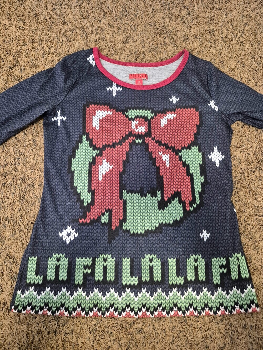 Festive Navy Faux Sweater Top with Red Bow Wreath Falala Size S